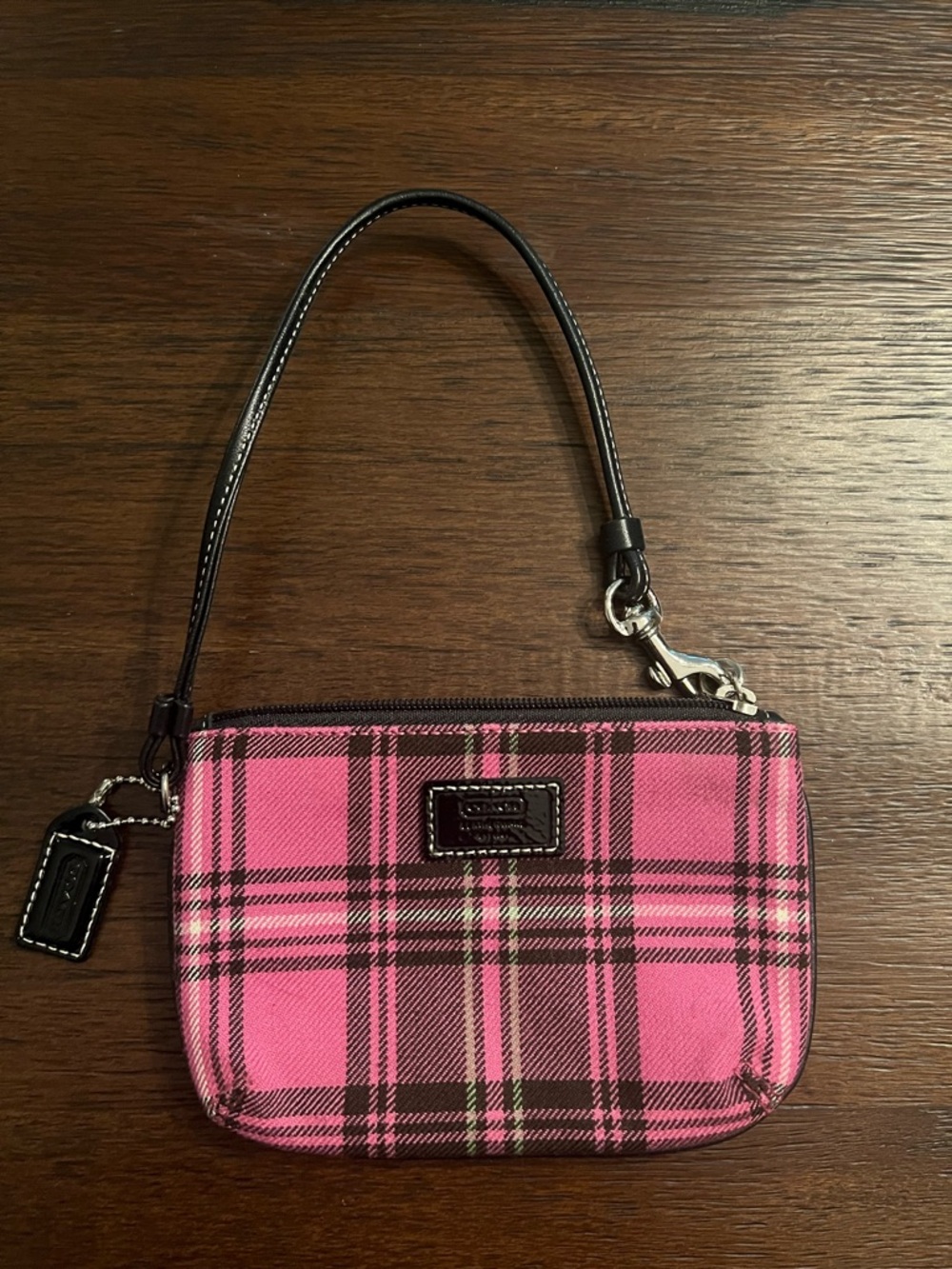Coach Pink Plaid Tartan Y2K Punk Vintage Wool Wristlet Black Leather Trim EUC